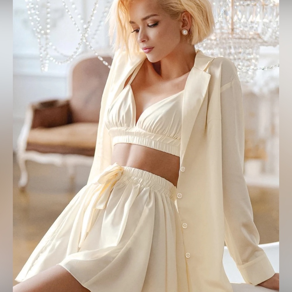3-piece loungewear set: button-down collard shirt, ruffled bralette, and shorts
